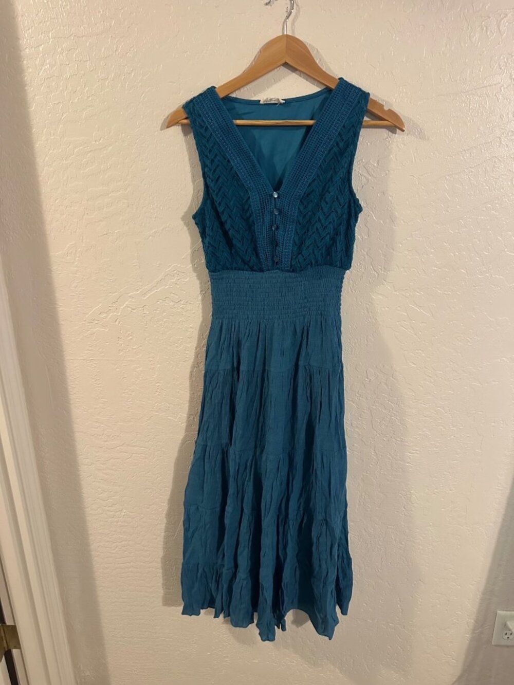 Anthropologie Kings Road Teal Whimsigoth cottage core Shirred Boho Hippie Dress
